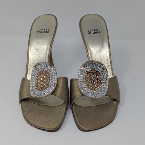 Stuart Weitzman Slip On Rhinestone Trimmed Heel Sandals Gold Size 8 - Picture 6 of 12